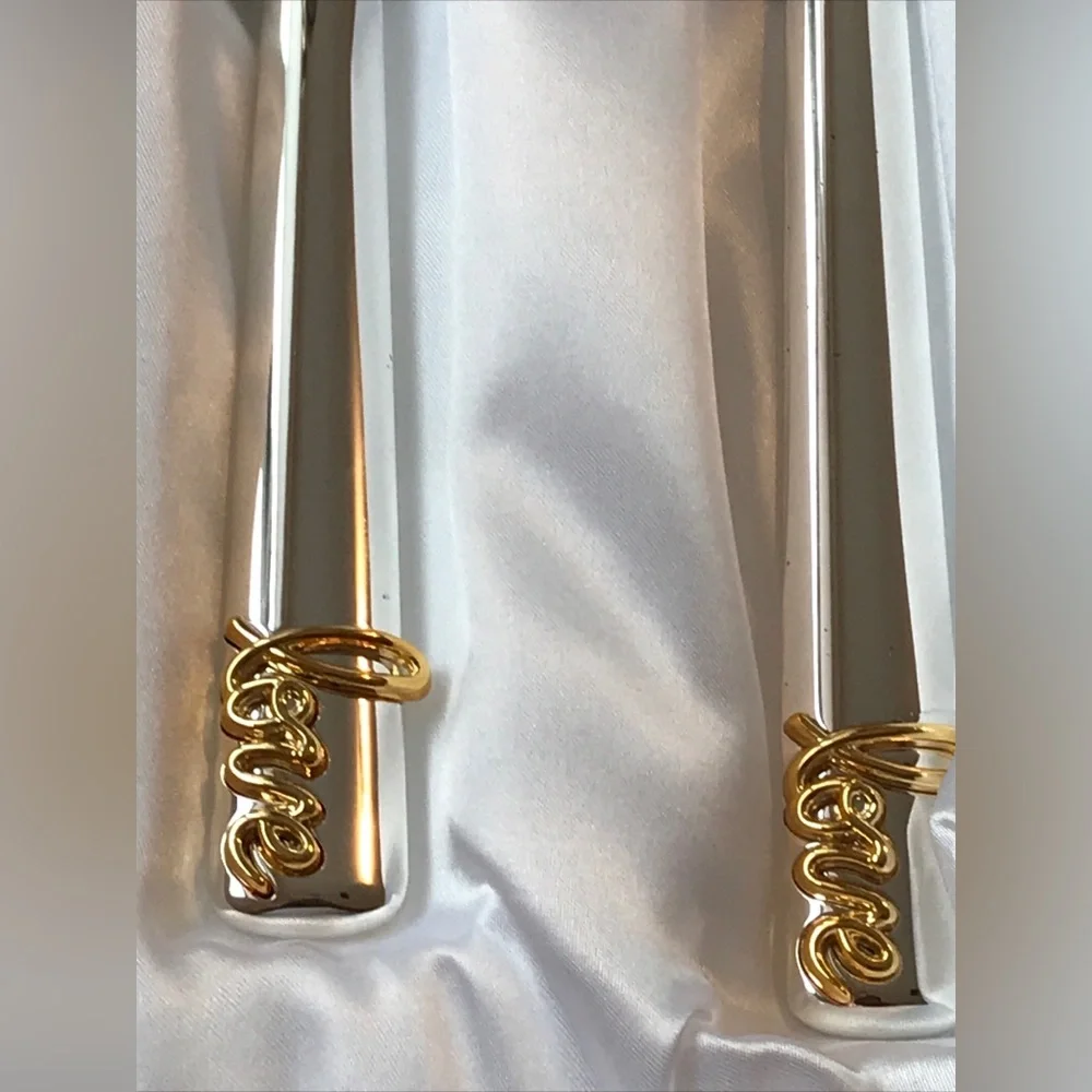 Things Remembered Lanclos ‘LOVE’ Cake Knife Set NIB Gold/STEEL